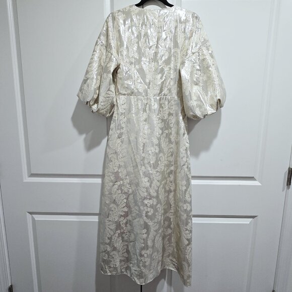 Tanya Taylor - 4 Ivory Mettalic Floral Puff Sleeves Midi Dress - Picture 7 of 8